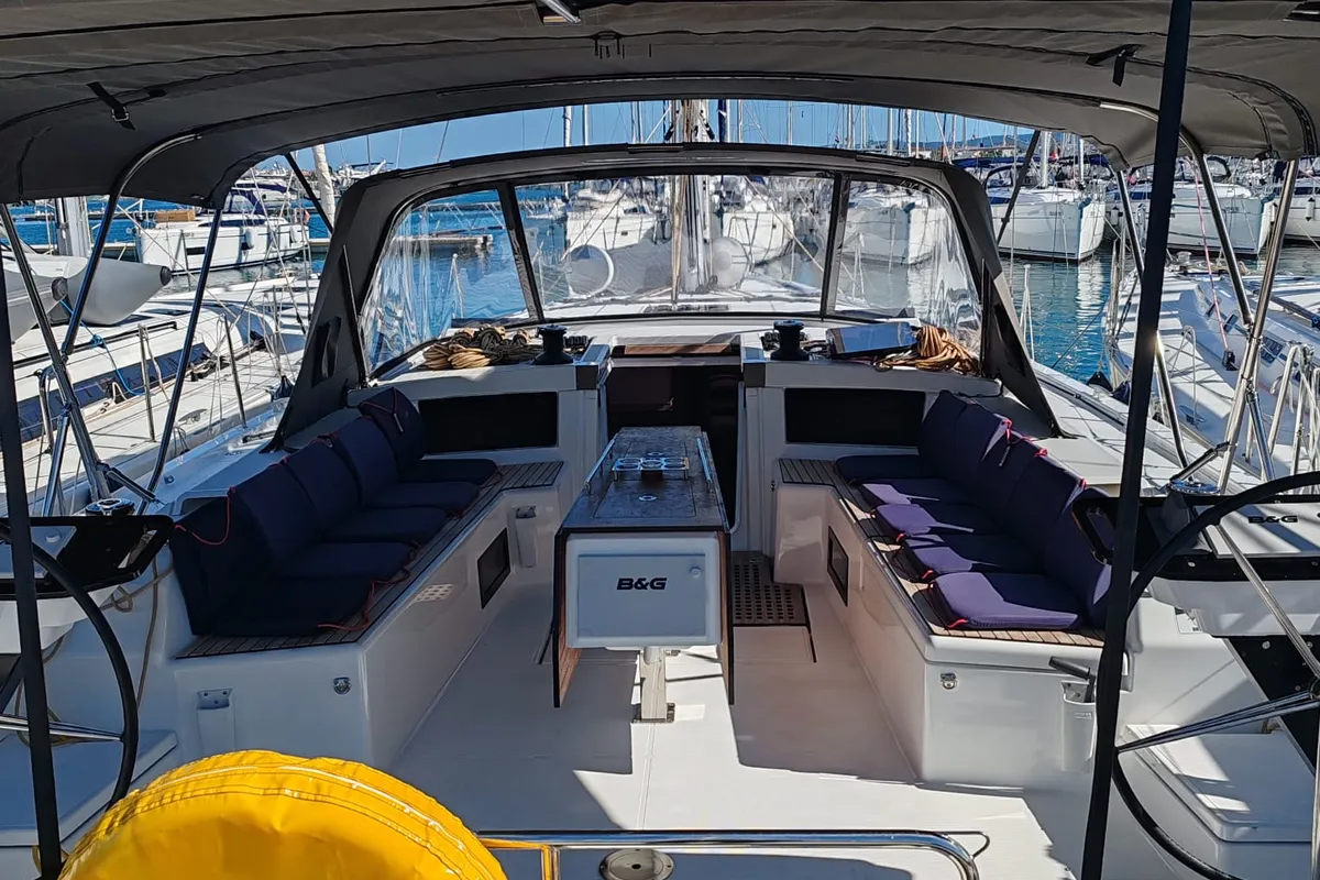 Cockpit of Dreamweaver, a Dufour 530 sailboat at Sukošan, Croatia