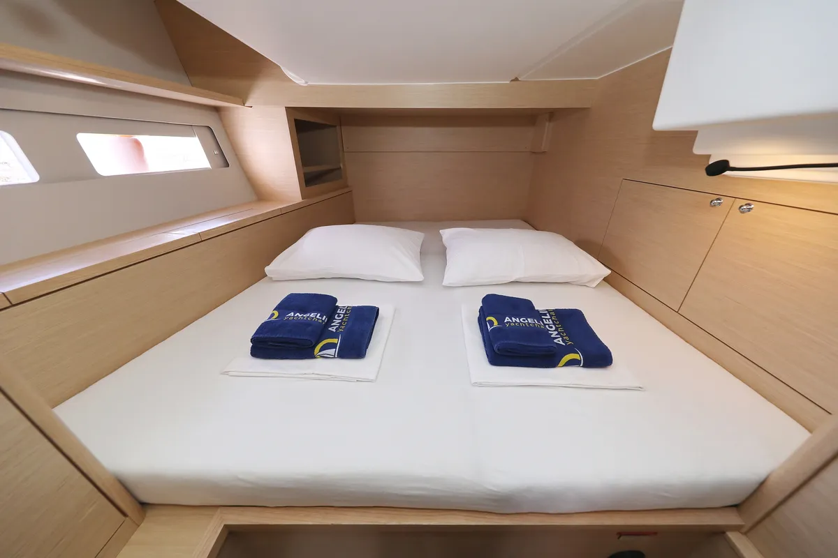 Cabin on Dreamweaver, a Dufour 530 sailboat at Sukošan, Croatia