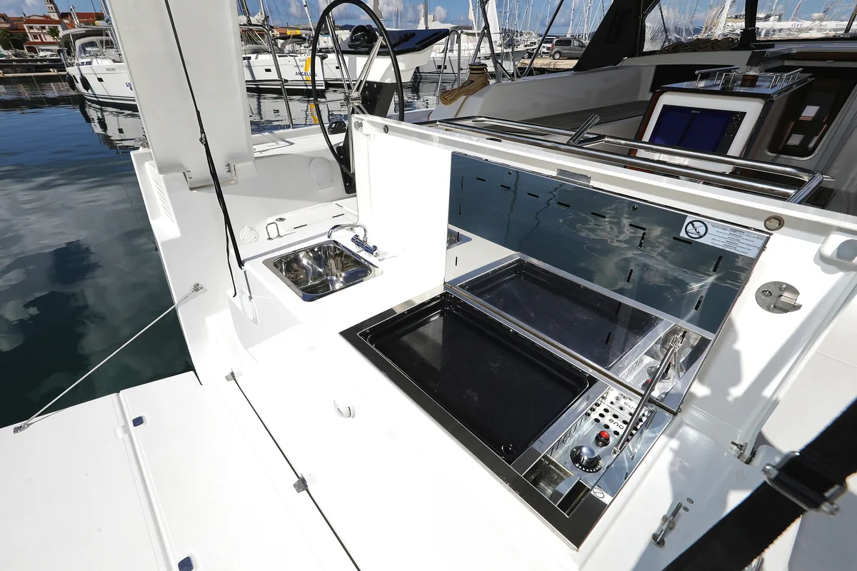 Deck of Dreamweaver, a Dufour 530 sailboat at Sukošan, Croatia