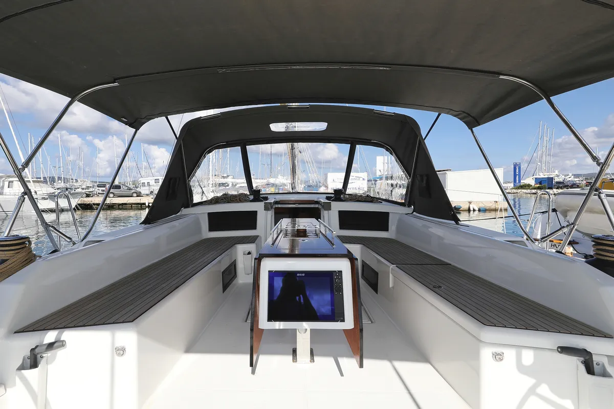Cockpit of Dreamweaver, a Dufour 530 sailboat at Sukošan, Croatia