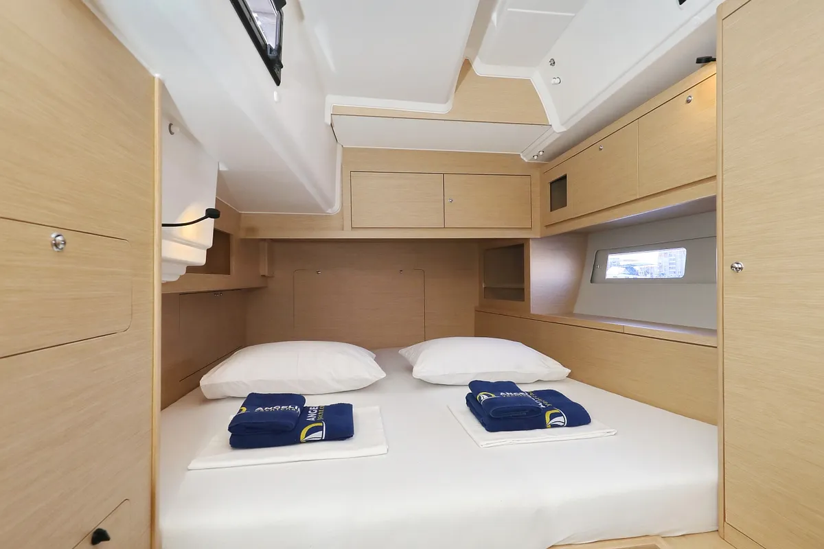Cabin on Dreamweaver, a Dufour 530 sailboat at Sukošan, Croatia
