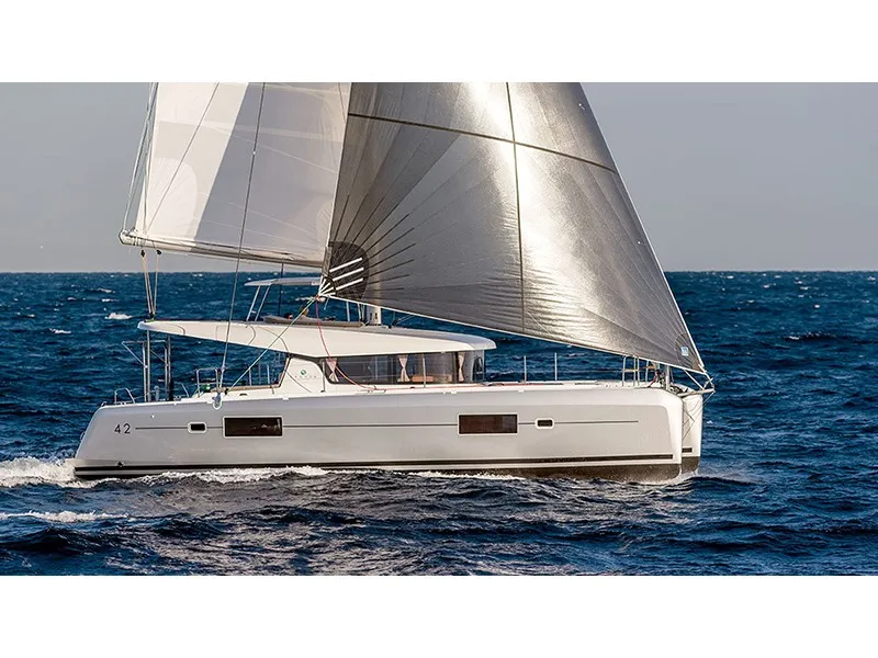 Exterior view of Olympios Zeus, a Lagoon 42 catamaran at Municipal Unit of Rhodes, Greece