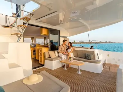 Deck of Olympios Zeus, a Lagoon 42 catamaran at Municipal Unit of Rhodes, Greece