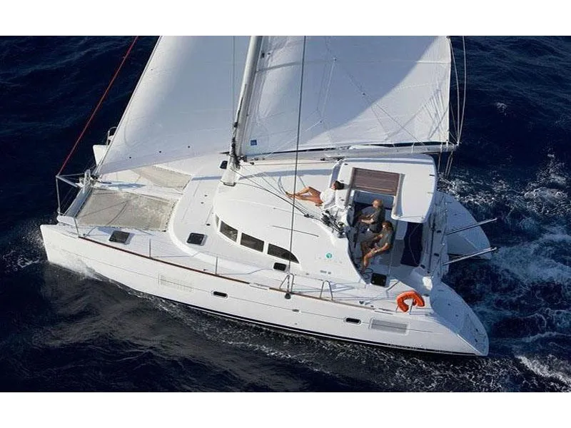 Exterior view of Giulia, a Lagoon 380 catamaran at Marsala, Italy