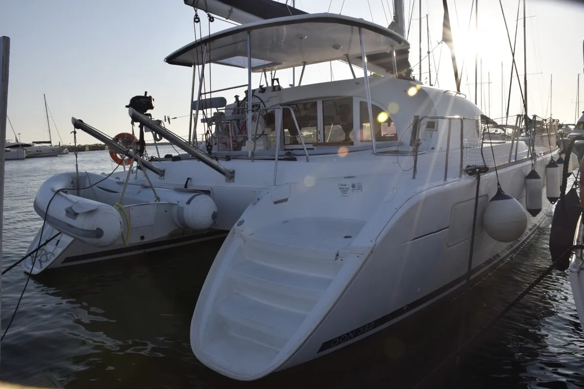 Exterior view of Giulia, a Lagoon 380 catamaran at Marsala, Italy