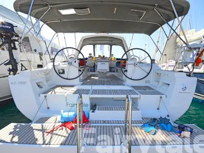 Cockpit of Fairytale, a Beneteau Oceanis 41 sailboat at Kos, Greece
