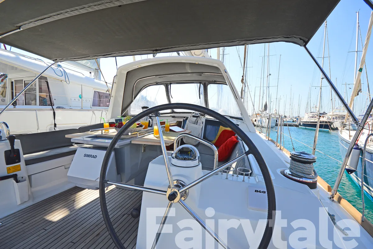 Cockpit of Fairytale, a Beneteau Oceanis 41 sailboat at Kos, Greece
