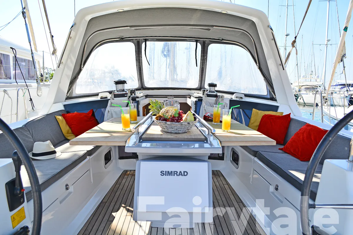 Cockpit of Fairytale, a Beneteau Oceanis 41 sailboat at Kos, Greece