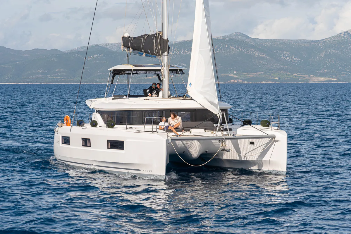 Exterior view of Ervis, a Lagoon 46 catamaran at Municipal Unit of Lefkada, Greece