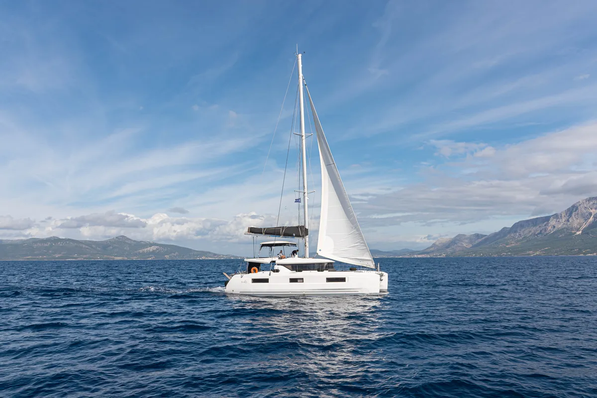 Exterior view of Ervis, a Lagoon 46 catamaran at Municipal Unit of Lefkada, Greece