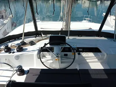Cockpit of Ervis, a Lagoon 46 catamaran at Lefkada, Greece