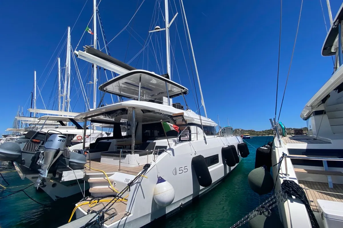 Exterior view of The Moon, a Lagoon 55 catamaran at Pointe-à-Pitre, France