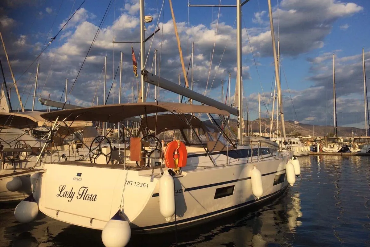 Exterior view of Lady Flora 1, a Bavaria C45 sailboat at Municipal Unit of Lefkada, Greece