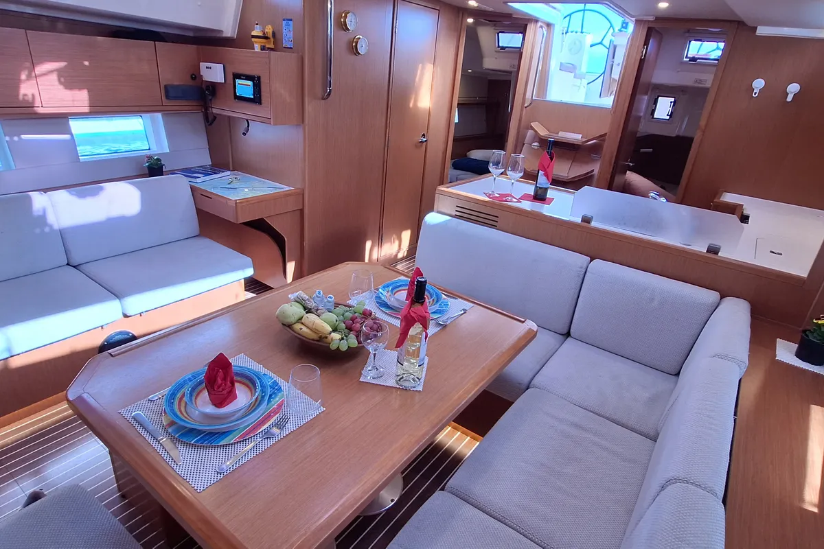 Salon of Lady Flora 1, a Bavaria C45 sailboat at Municipal Unit of Lefkada, Greece