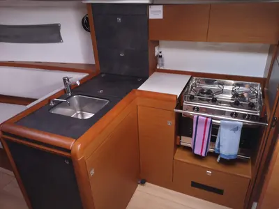 Galley of Sminthe, a Jeanneau Sun Odyssey 349 sailboat at Loutraki, Greece