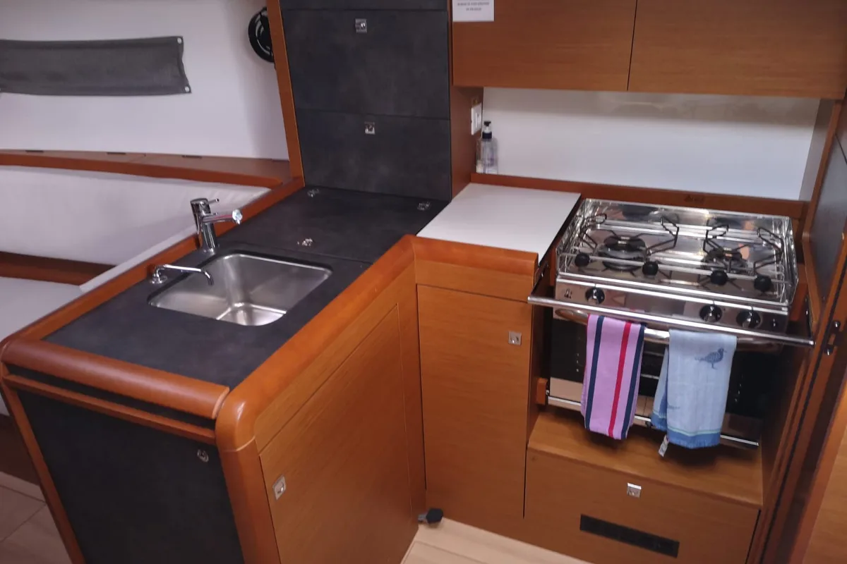 Galley of Sminthe, a Jeanneau Sun Odyssey 349 sailboat at Loutraki, Greece