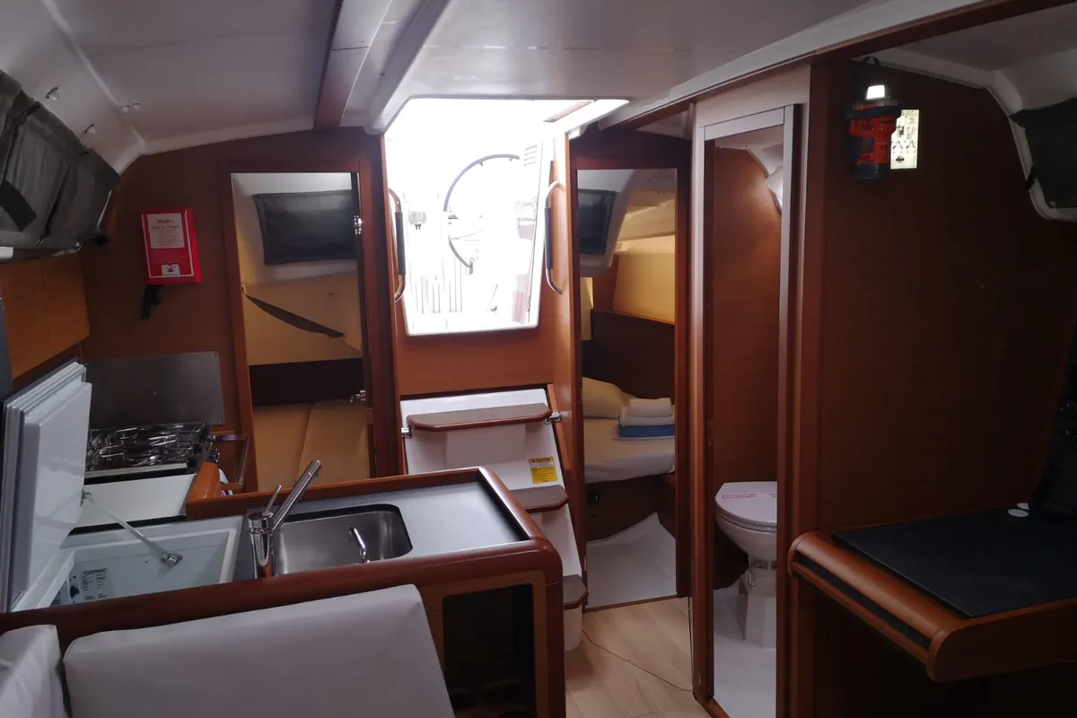 Salon of Sminthe, a Jeanneau Sun Odyssey 349 sailboat at Loutraki, Greece