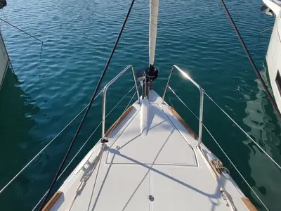 Deck of Sminthe, a Jeanneau Sun Odyssey 349 sailboat at Loutraki, Greece