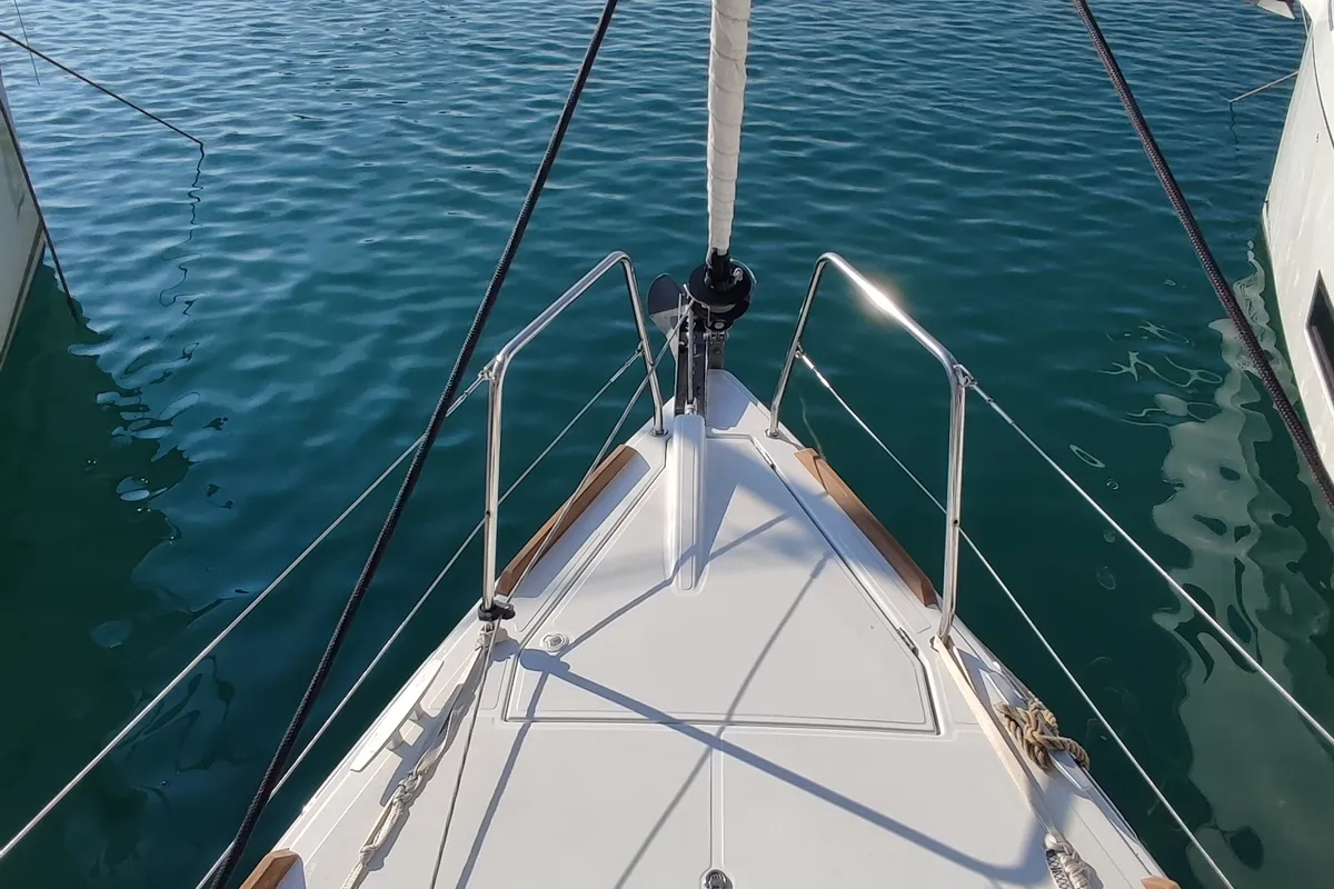 Deck of Sminthe, a Jeanneau Sun Odyssey 349 sailboat at Loutraki, Greece