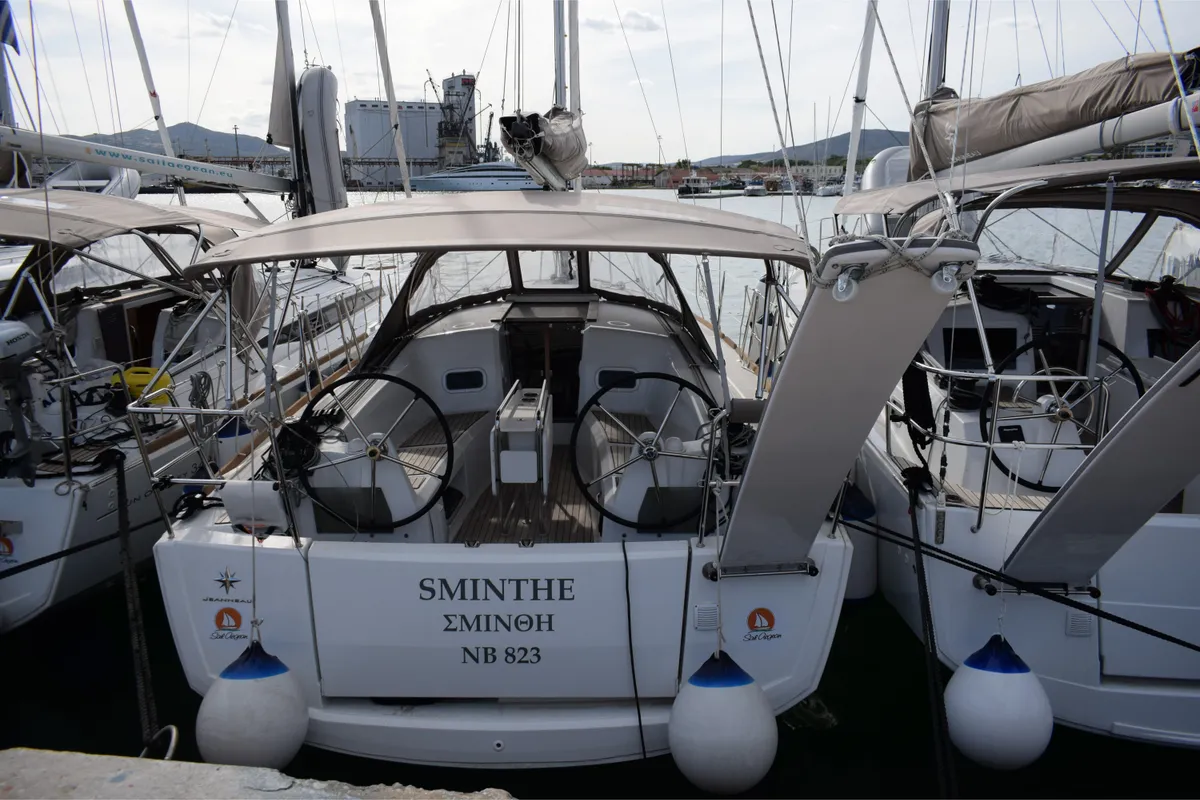 Exterior view of Sminthe, a Jeanneau Sun Odyssey 349 sailboat at Loutraki, Greece