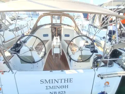 Cockpit of Sminthe, a Jeanneau Sun Odyssey 349 sailboat at Loutraki, Greece