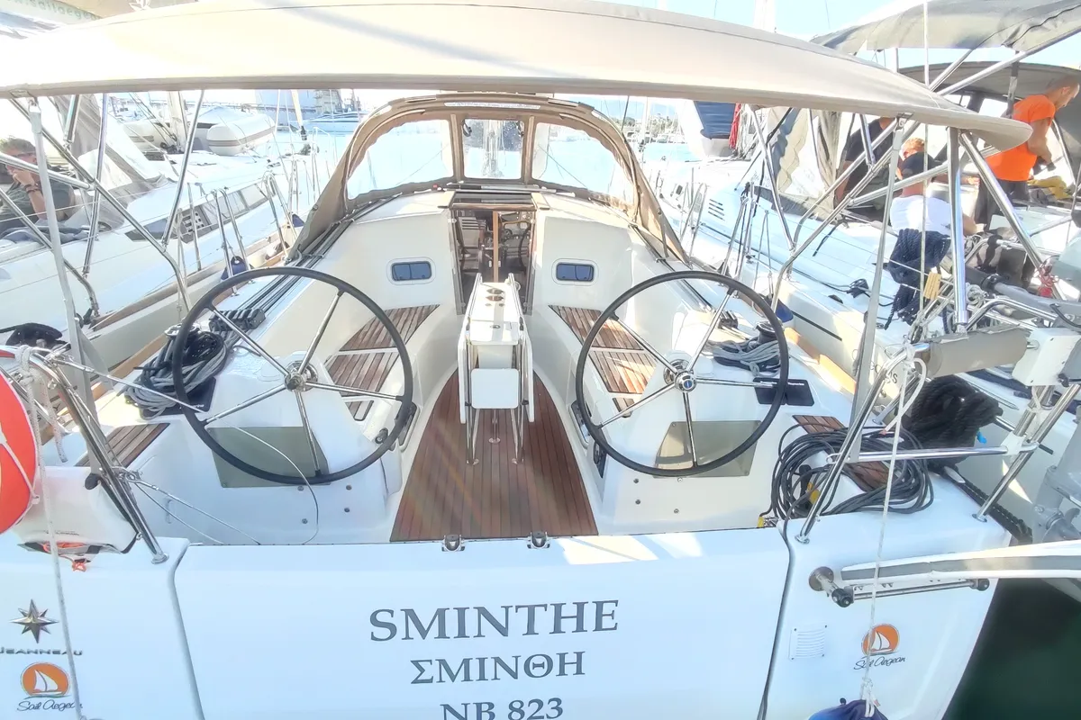 Cockpit of Sminthe, a Jeanneau Sun Odyssey 349 sailboat at Loutraki, Greece