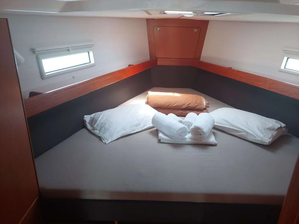 Cabin on Nafsika, a Bavaria Cruiser 41 sailboat at Kontokali, Greece