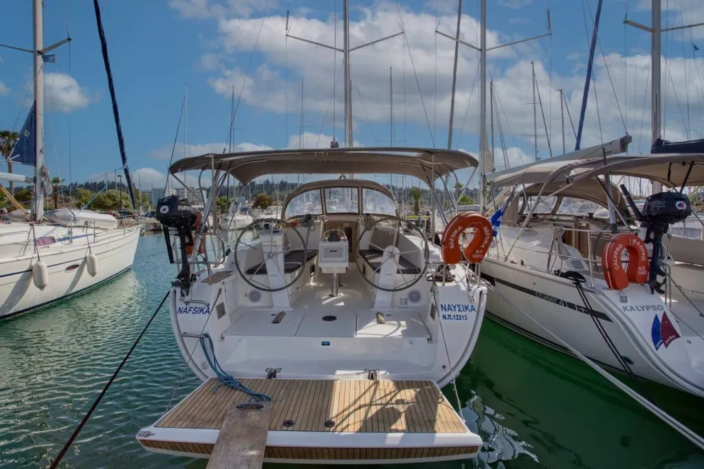 Exterior view of Nafsika, a Bavaria Cruiser 41 sailboat at Kontokali, Greece