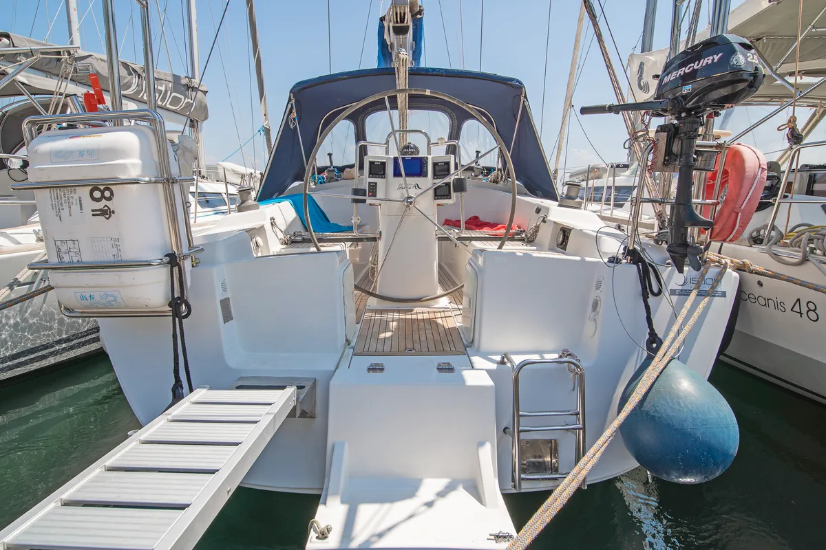 Exterior view of Aeolus, a Hanse 400 sailboat at Preveza, Greece