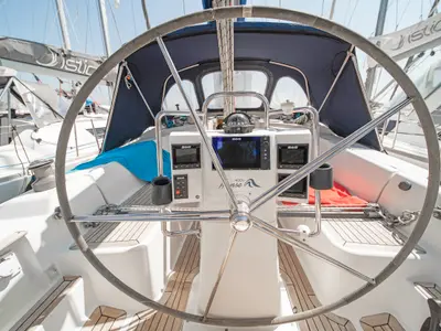 Cockpit of Aeolus, a Hanse 400 sailboat at Preveza, Greece