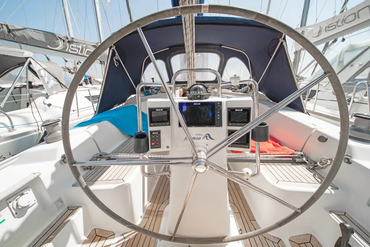 Cockpit of Aeolus, a Hanse 400 sailboat at Preveza, Greece