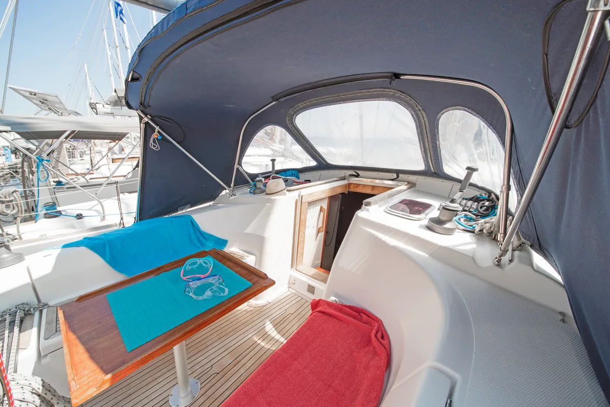 Deck of Aeolus, a Hanse 400 sailboat at Preveza, Greece