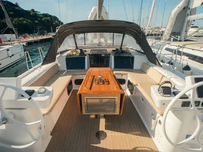 Cockpit of Ipazia, a Dufour 56 Exclusive sailboat at Olbia, Italy