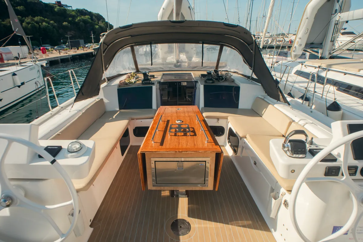 Cockpit of Ipazia, a Dufour 56 Exclusive sailboat at Olbia, Italy