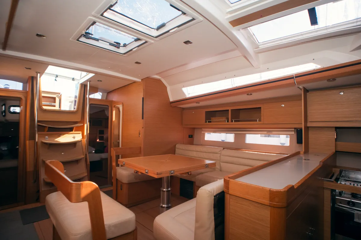 Salon of Ipazia, a Dufour 56 Exclusive sailboat at Olbia, Italy