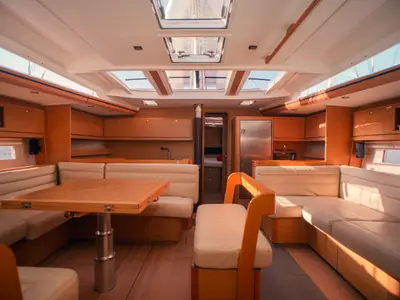 Salon of Ipazia, a Dufour 56 Exclusive sailboat at Olbia, Italy