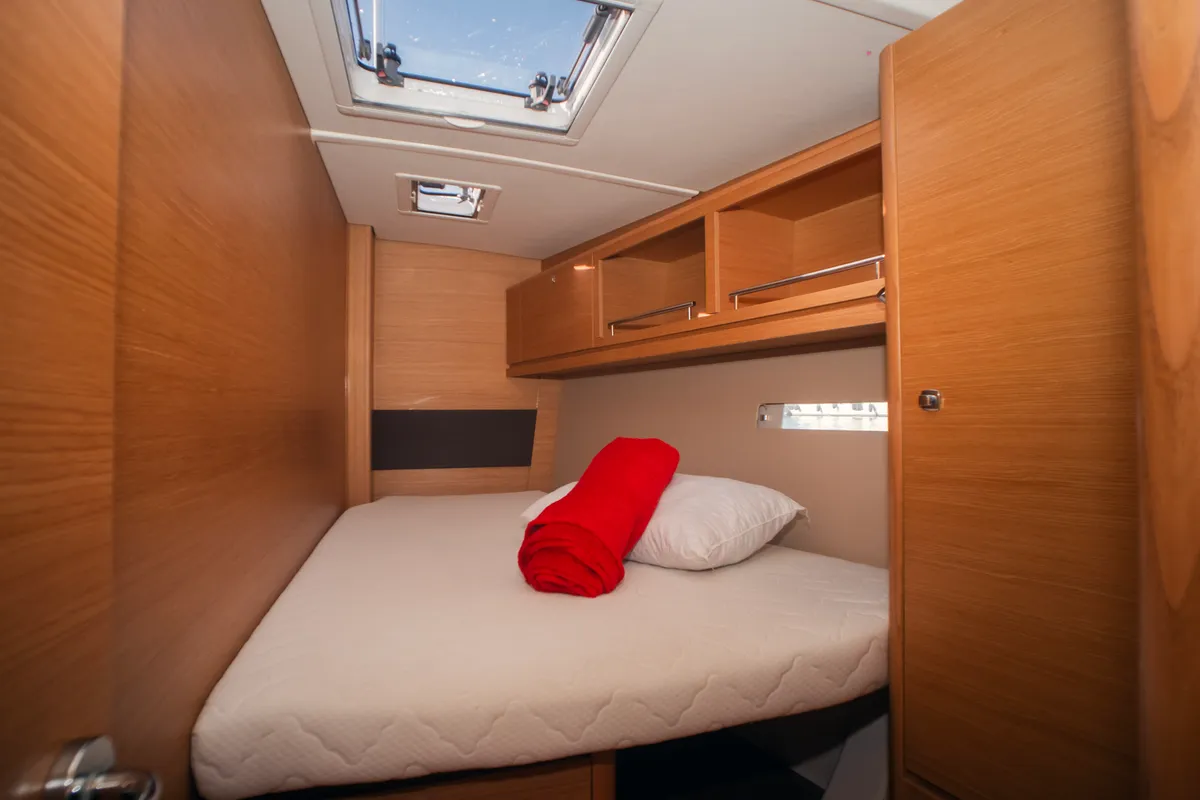 Cabin on Ipazia, a Dufour 56 Exclusive sailboat at Olbia, Italy