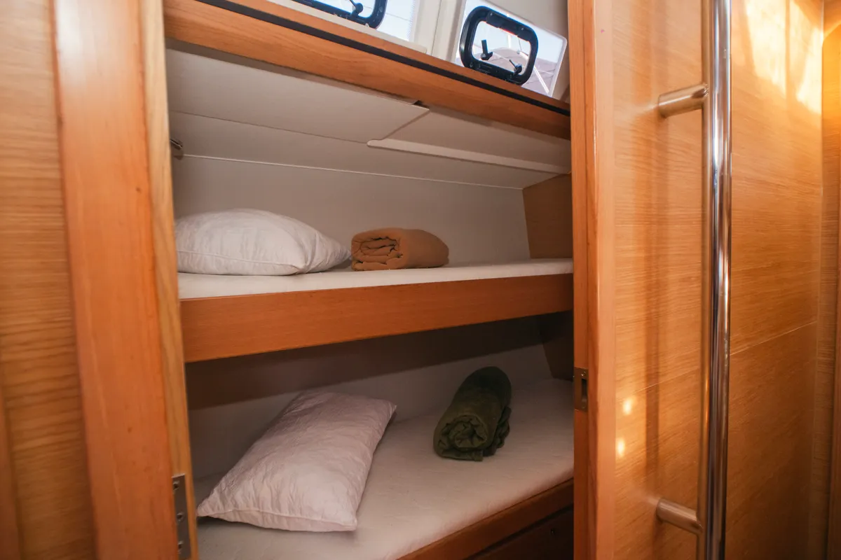 Cabin on Ipazia, a Dufour 56 Exclusive sailboat at Olbia, Italy