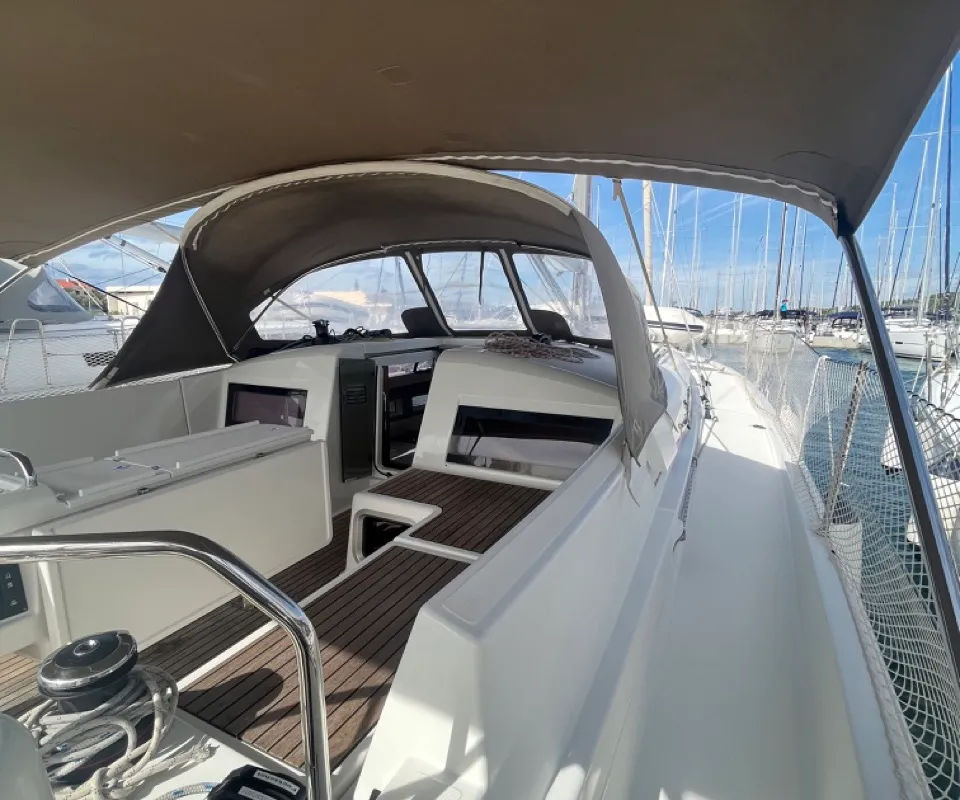 Deck of Petra, a Jeanneau Sun Odyssey 440 sailboat at Sukošan, Croatia