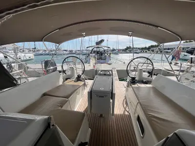 Cockpit of Petra, a Jeanneau Sun Odyssey 440 sailboat at Sukošan, Croatia
