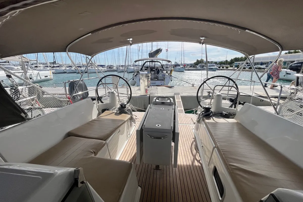 Cockpit of Petra, a Jeanneau Sun Odyssey 440 sailboat at Sukošan, Croatia
