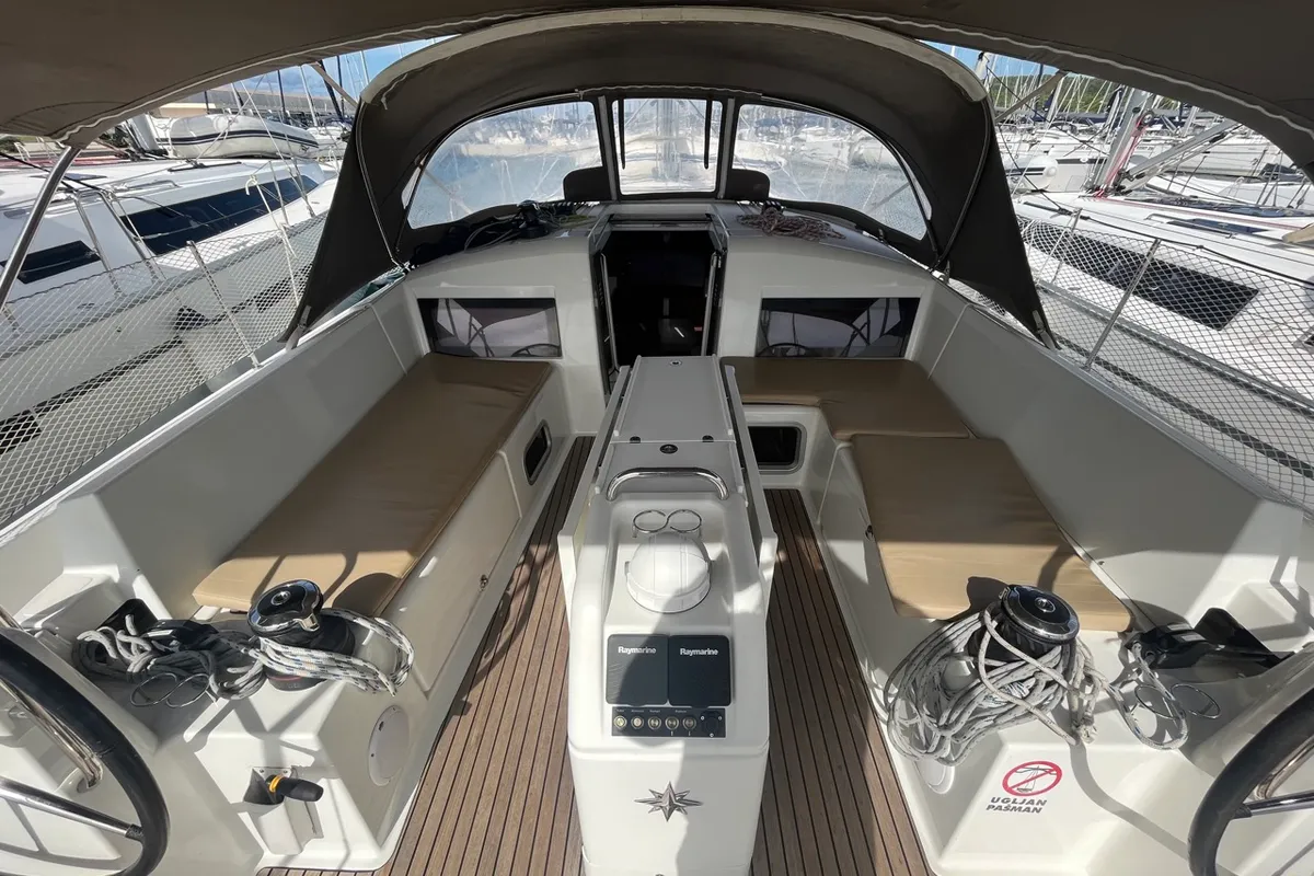 Cockpit of Petra, a Jeanneau Sun Odyssey 440 sailboat at Sukošan, Croatia