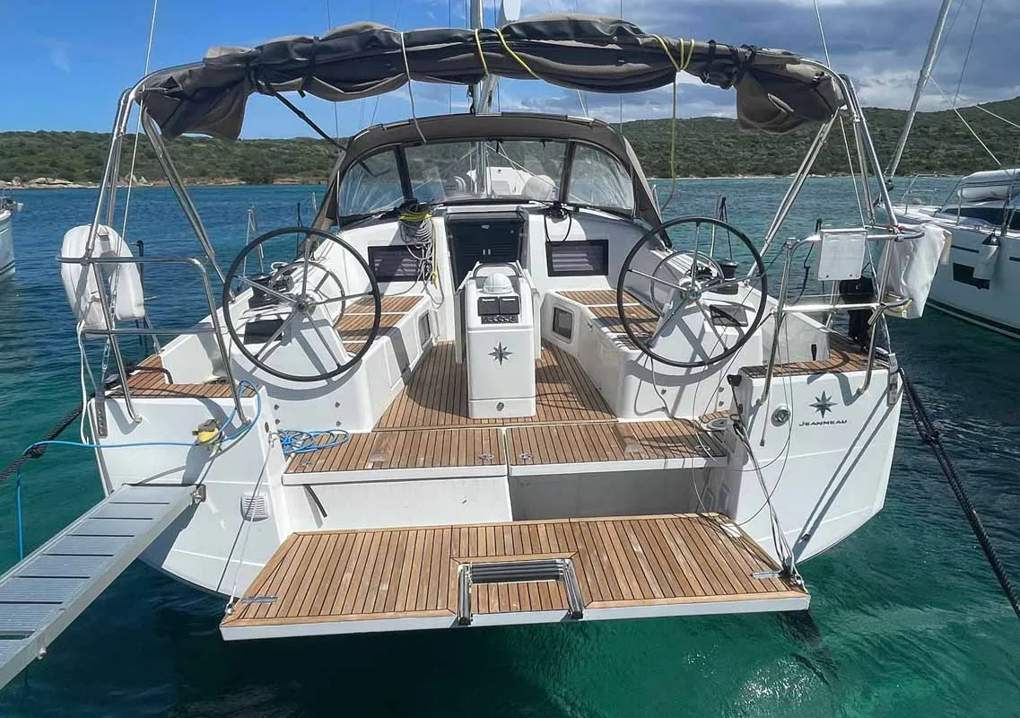Cockpit of Rocketman, a Jeanneau Sun Odyssey 410 sailboat at Figari/Golfo Aranci, Italy
