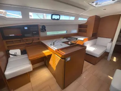 Galley of Rocketman, a Jeanneau Sun Odyssey 410 sailboat at Figari/Golfo Aranci, Italy