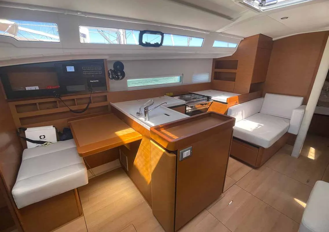 Galley of Rocketman, a Jeanneau Sun Odyssey 410 sailboat at Figari/Golfo Aranci, Italy