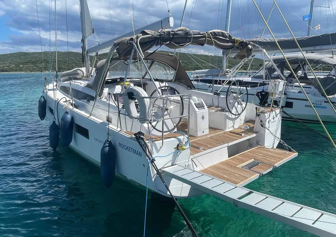 Cockpit of Rocketman, a Jeanneau Sun Odyssey 410 sailboat at Figari/Golfo Aranci, Italy