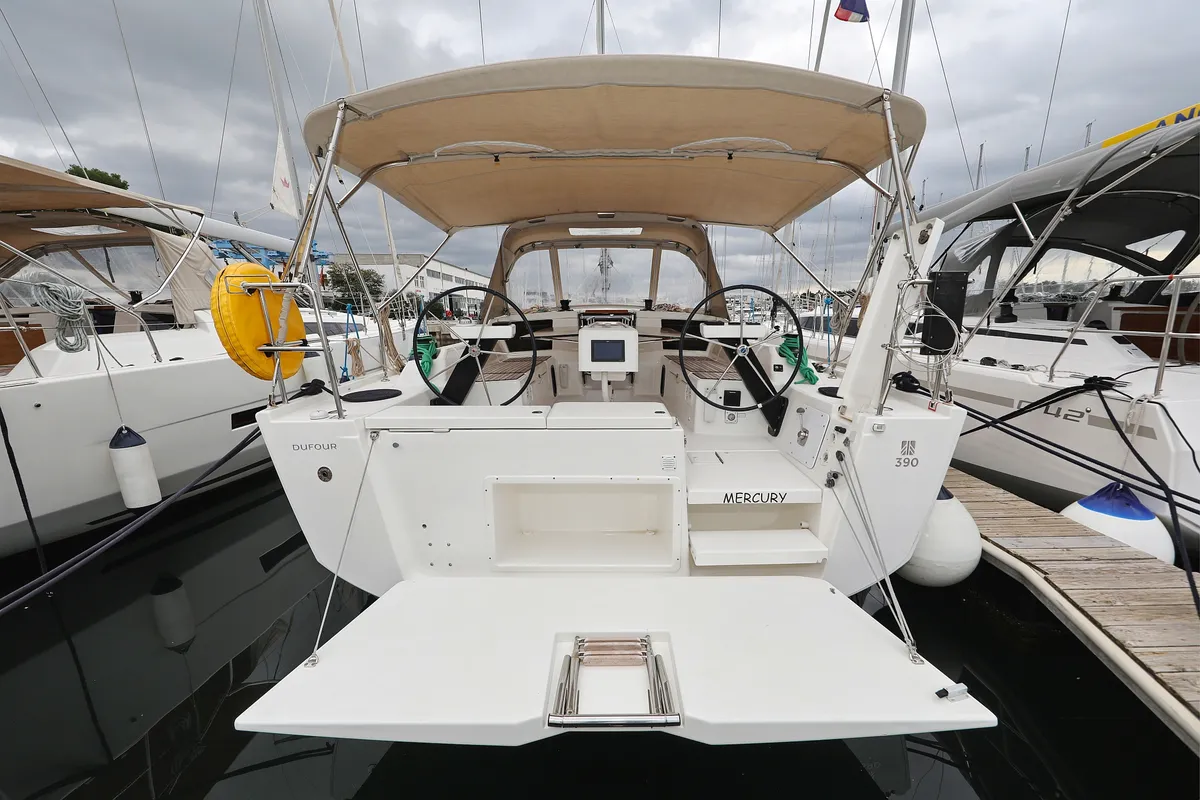 Exterior view of Mercury, a Dufour 390 GL sailboat at Grad Biograd na Moru, Croatia