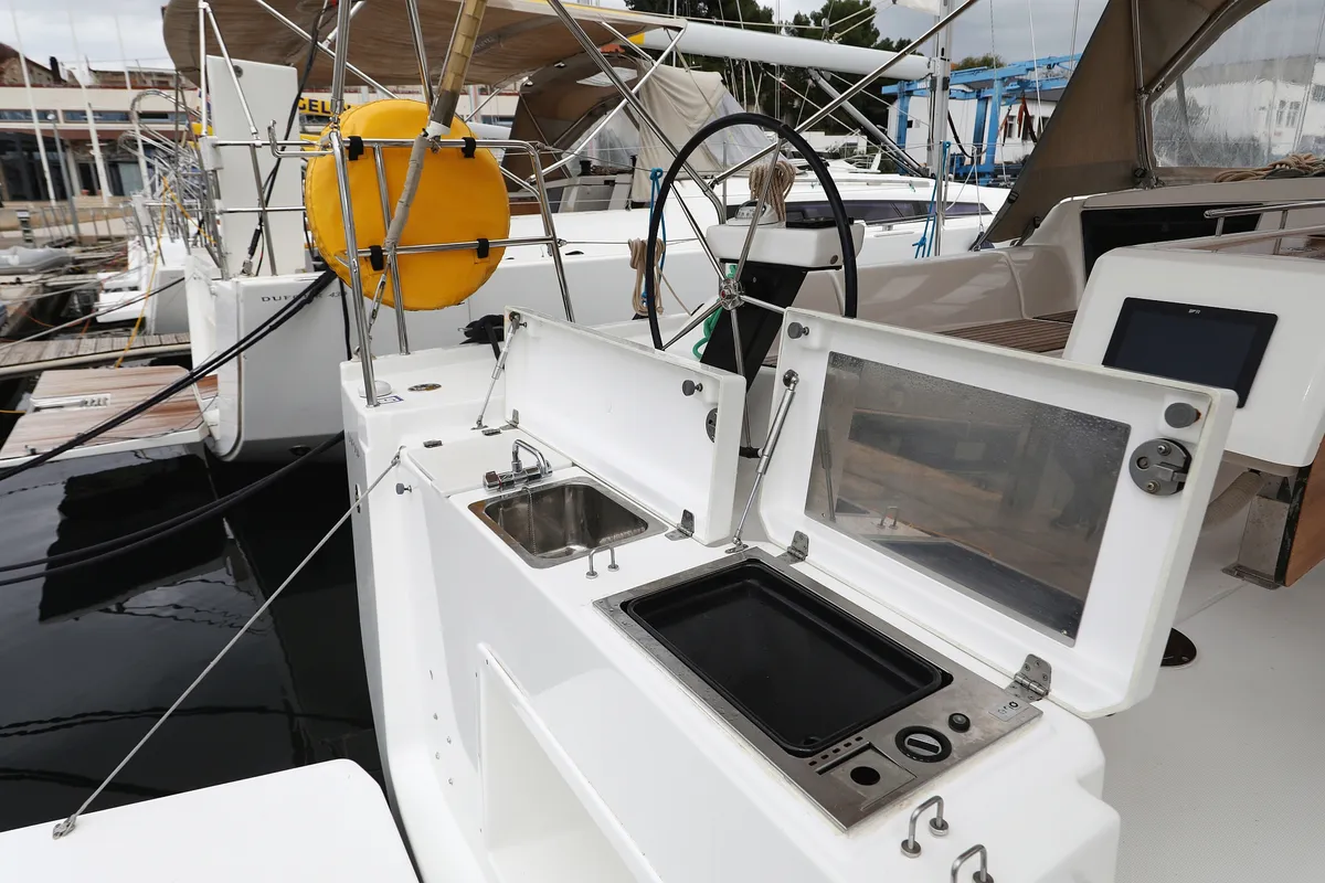 Deck of Mercury, a Dufour 390 GL sailboat at Grad Biograd na Moru, Croatia