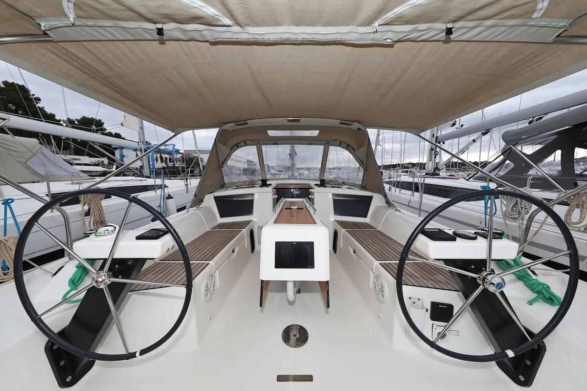 Cockpit of Mercury, a Dufour 390 GL sailboat at Grad Biograd na Moru, Croatia