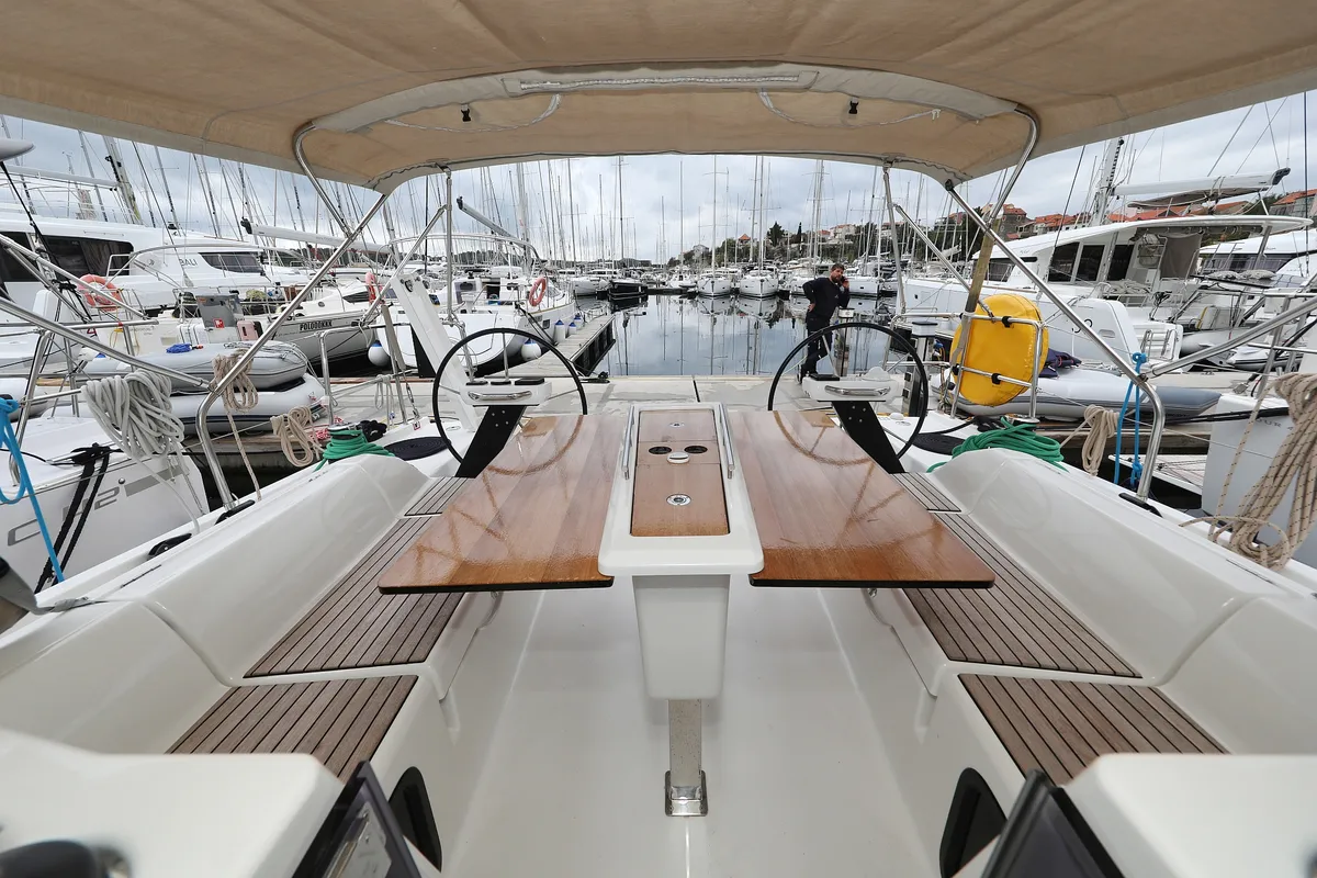 Cockpit of Mercury, a Dufour 390 GL sailboat at Grad Biograd na Moru, Croatia